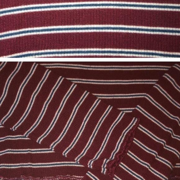 Garage cropped ribbed long sleeve Maroon top with blue white stripes size M - Picture 2 of 2